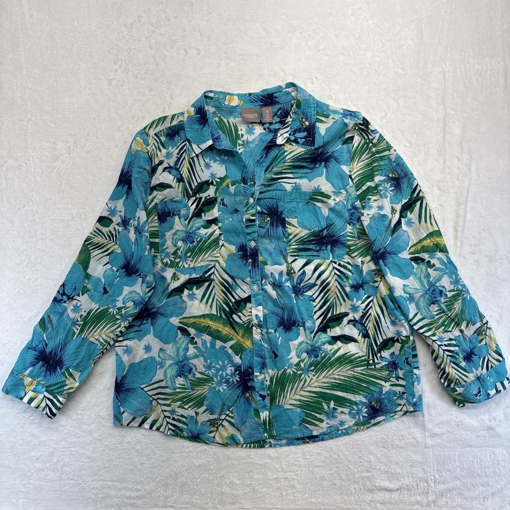 Chicos Shirt Womens Size 3 (16/18) Blue Tropical Print Button Up Long Sleeves